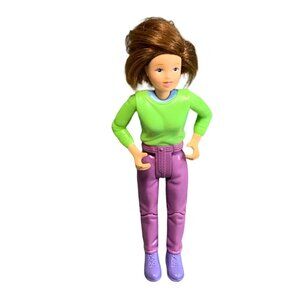2000 Dollhouse Doll Green Top Purple Pants Brown Hair 6 Inches Tall